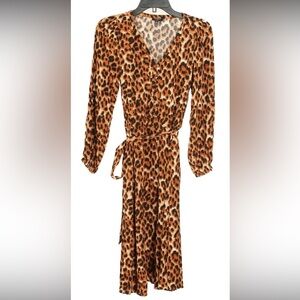 Talbots Dress Women’s 2P Brown Black Leopard Print A Line Long Sleeve V Neck